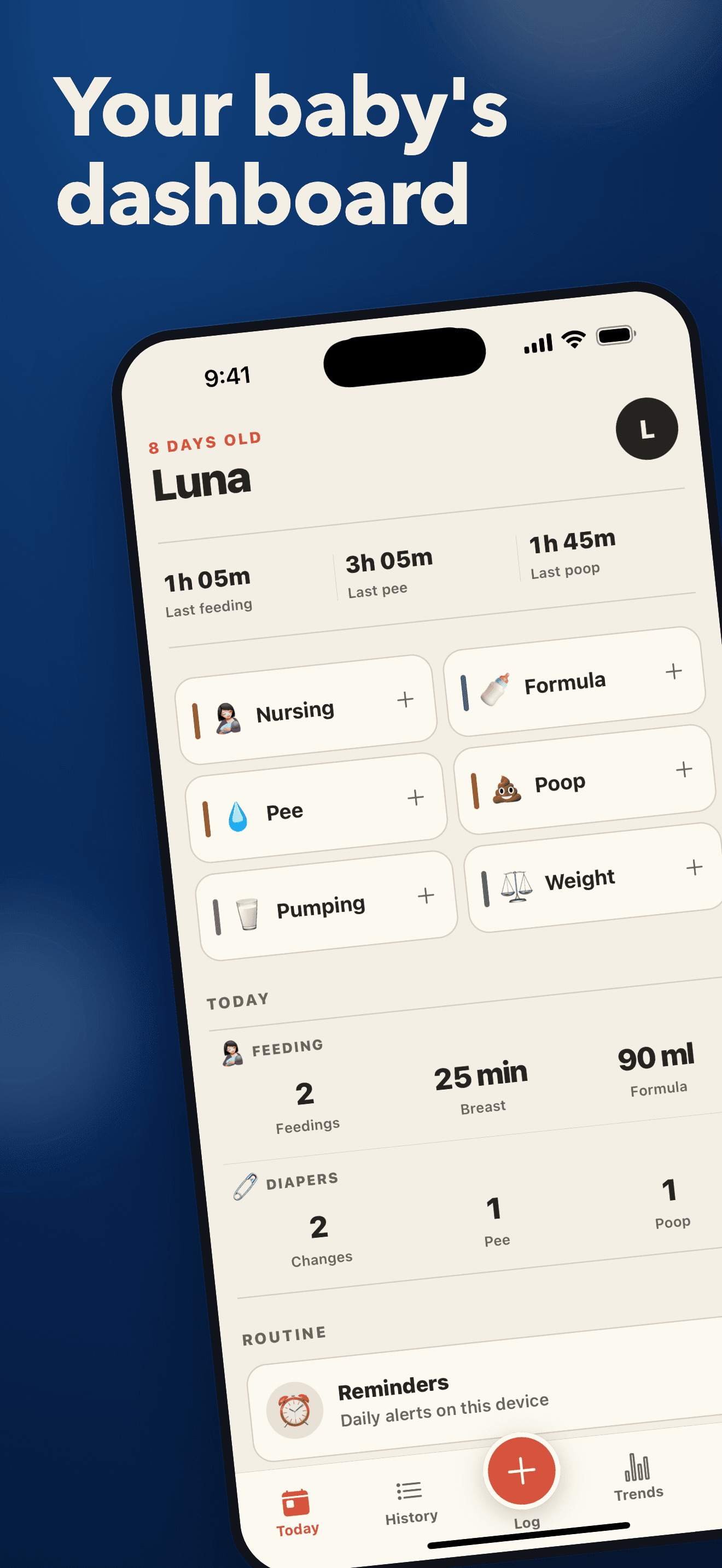 BabyLog app screen 1