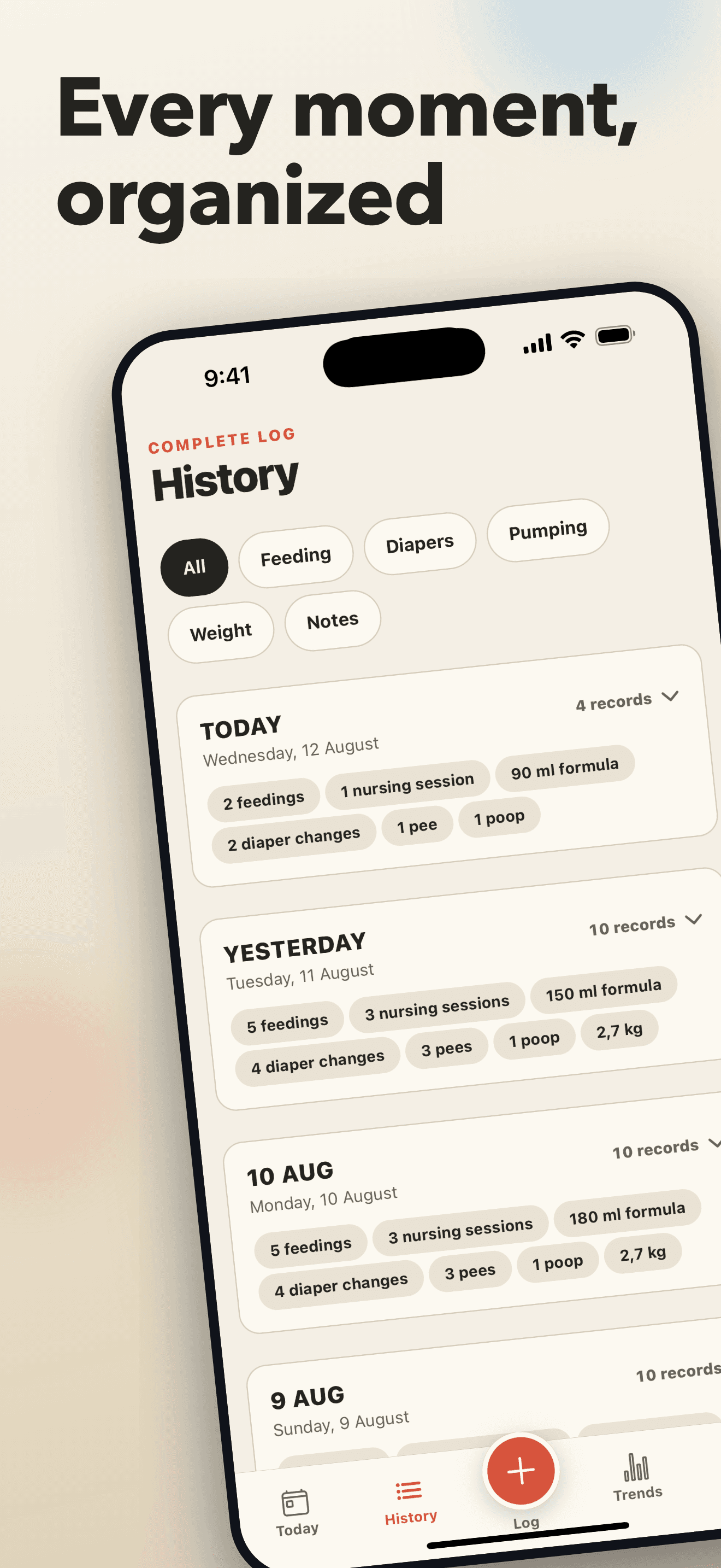 BabyLog app screen 2
